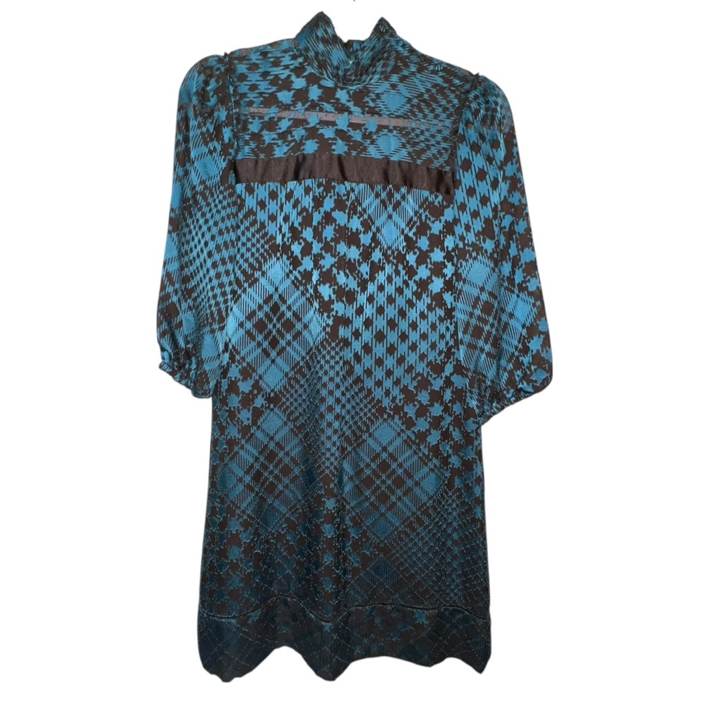 Antonio Melani A-Line Dress Plaid Animal Print Teal Button Neck Size 0